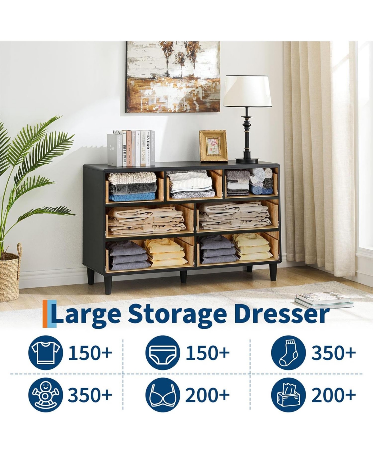 gaomon 7 Drawers Dresser for Bedroom, 54" Wide Modern Chest of Drawers with Vintage Circle Handle w/Curved Profile Design