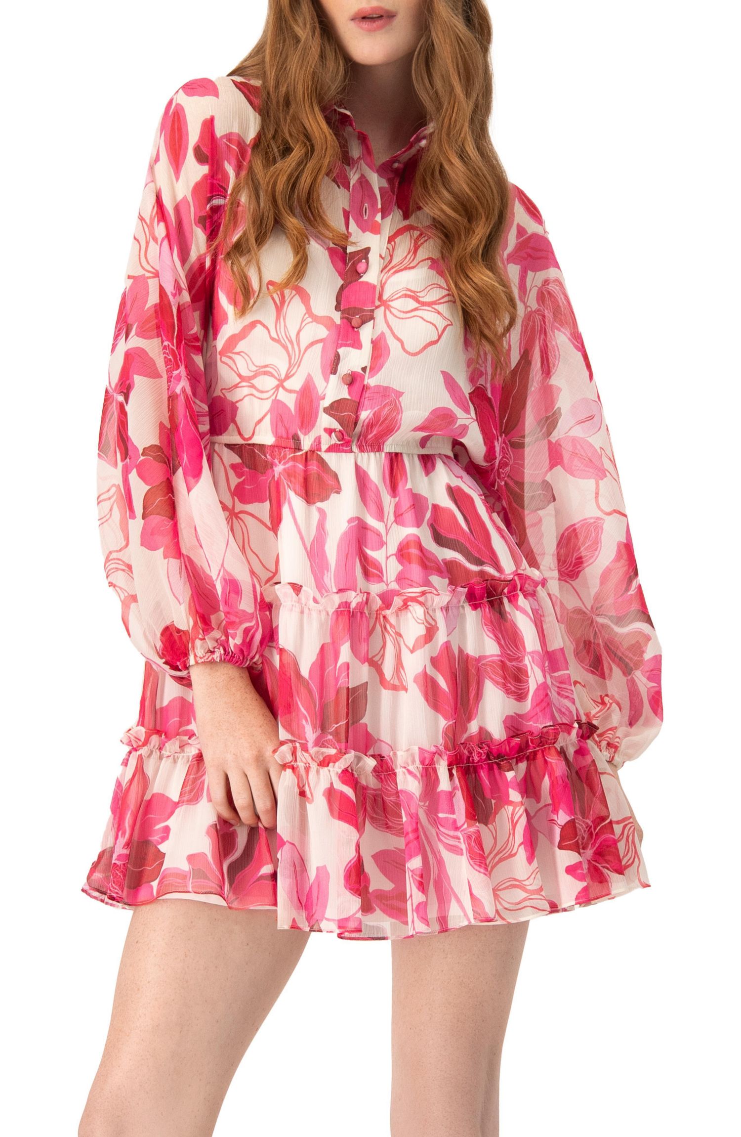 Women's Short Floral Print Shirt Dress with Long Sleeves