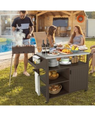 Outdoor Grill Cart with Storage Cabinet Shelves and Stainless Steel Top-Brown
