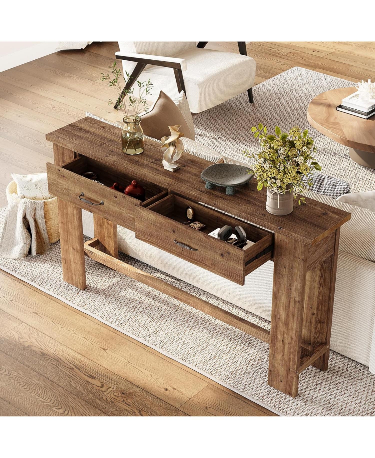 Tribesigns 63" Solid Wood Console Table with 2 Drawers, 63-Inch Farmhouse Entryway Table, Narrow Sofa Table for Entryway, Hallway