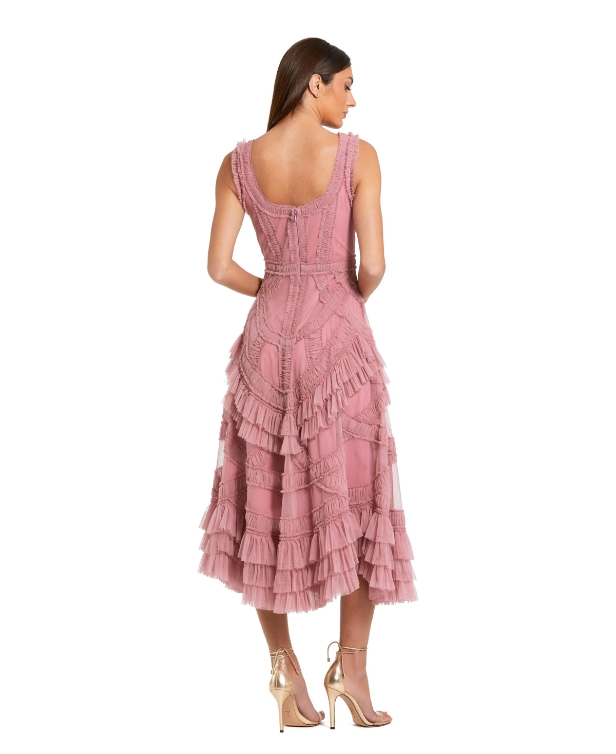 Mac Duggal Petite Scoop Neck Sleeveless Mesh Micro Ruffle Midi Dress