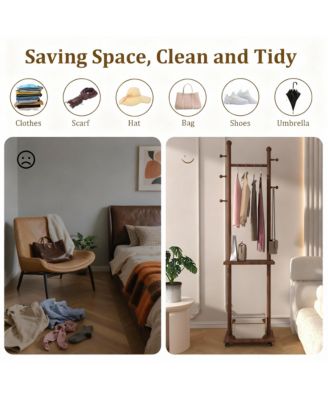 Solid Wood Walnut Coat Rack with Wheels & Shelves for Home