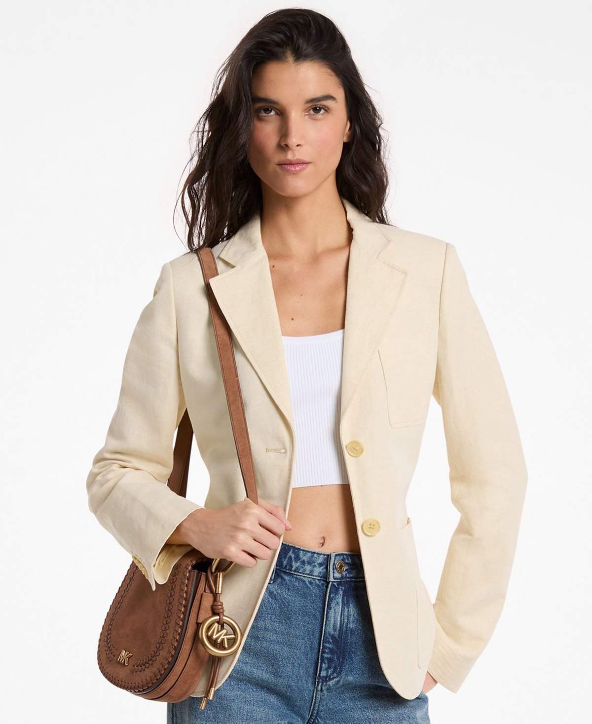 Michael Kors Women's Linen Patch Pocket Collared Blazer