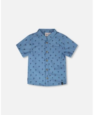 Big Boys Short Sleeve Chambray Shirt Blue Palm Print