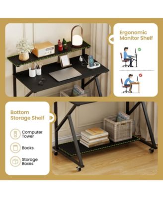 Rolling Computer Desk with Charging Station and Monitor Shelf, Home Office Storage Desk