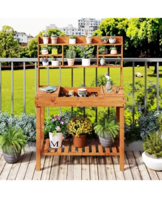 Wooden Garden Potting Bench Table 61" with Open Shelves