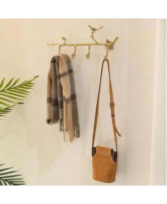 Brass Bird Decor Wall Hooks, 6 Hooks, 22in x 6.5in, Elegant Vintage Design