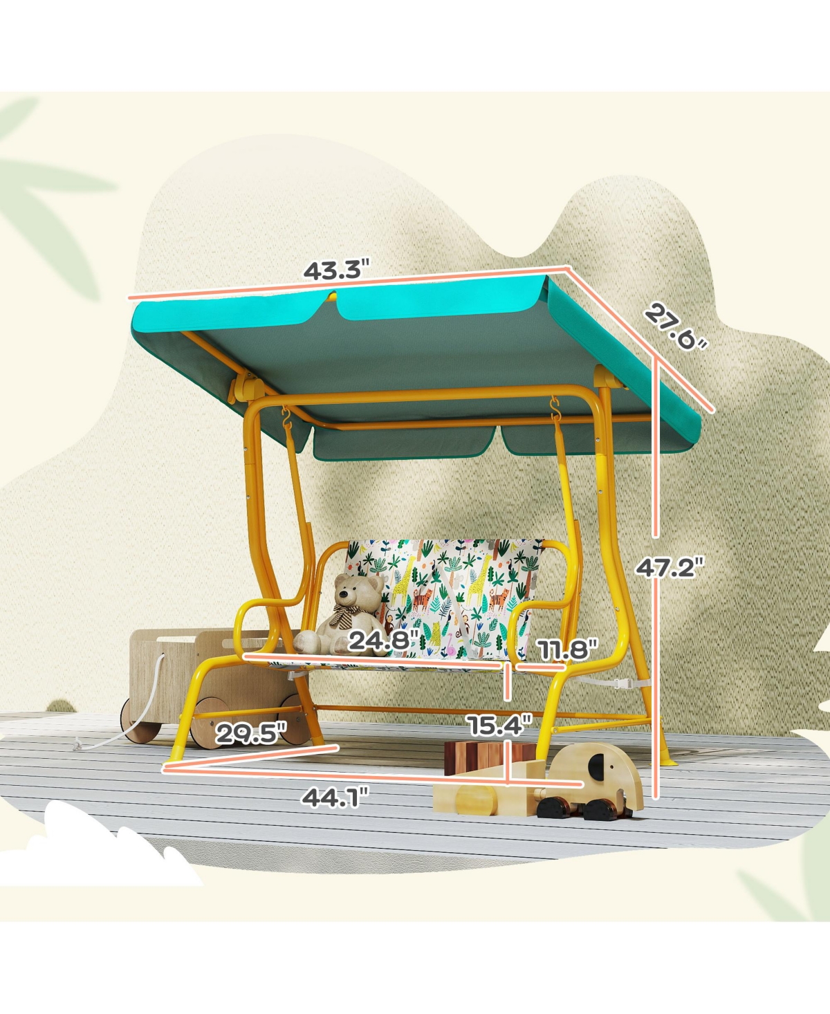 Qaba Kids 2-Seater Porch Swing with Seat Belts, Adjustable Canopy