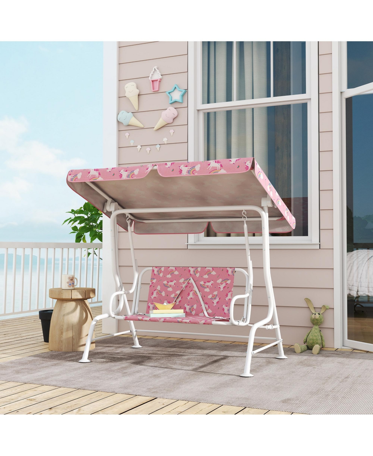 Qaba Kids Porch Swing with 2-Seater, Safety Belts, Adjustable Canopy