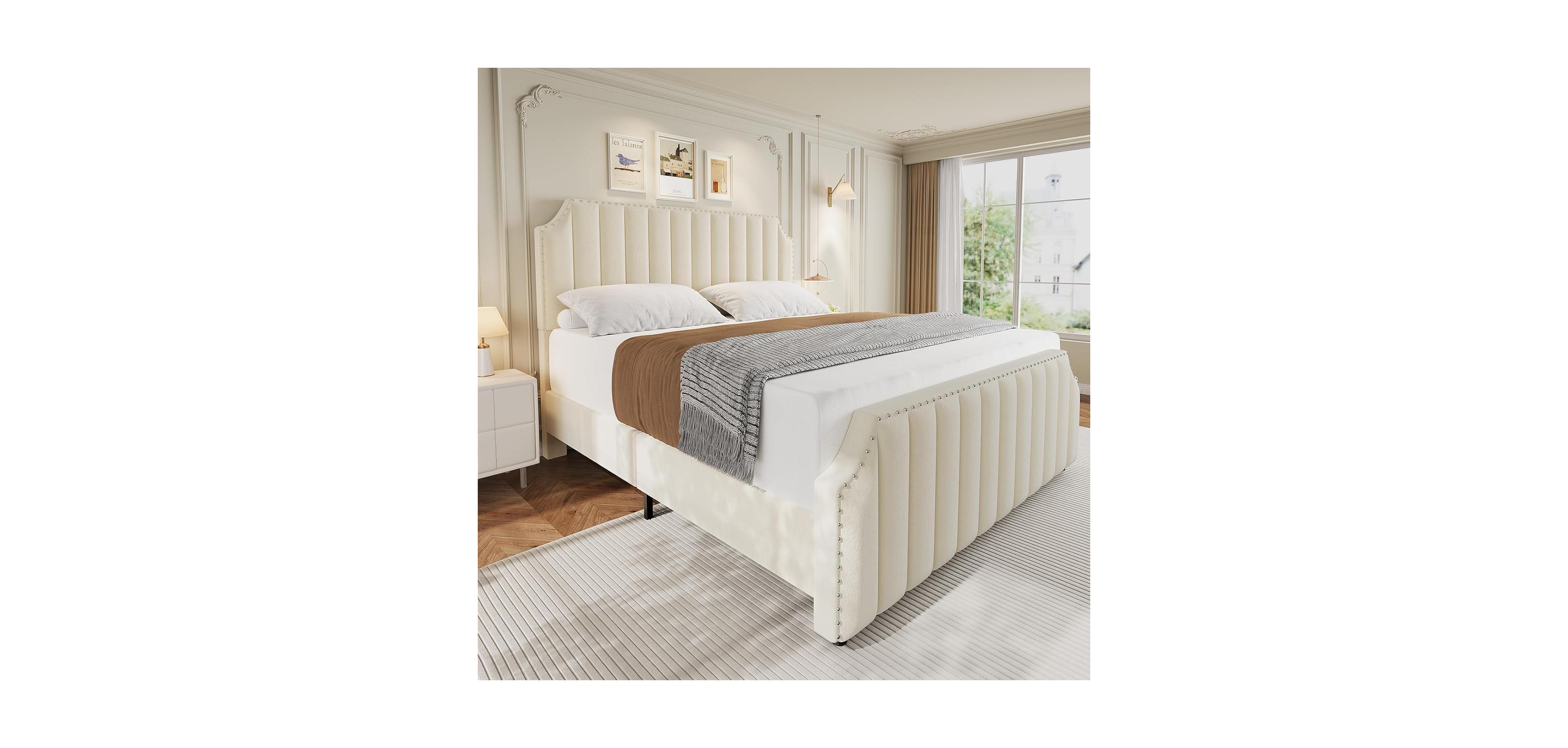 gaomon Bed Frame, Velvet Upholstered with 50.2'' Headboard, Rivet Decoration, No Box Spring Needed