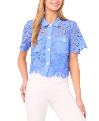 Women's Short Sleeve Button-Down Lace Top