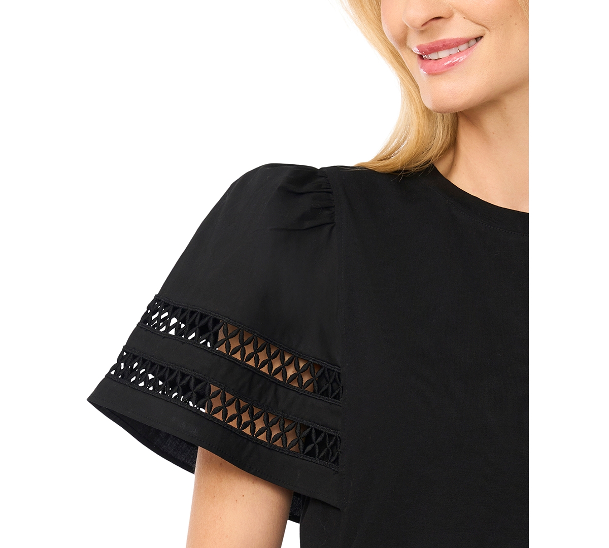 CeCe Women's Combo Trim-Sleeve Crew Neck Top