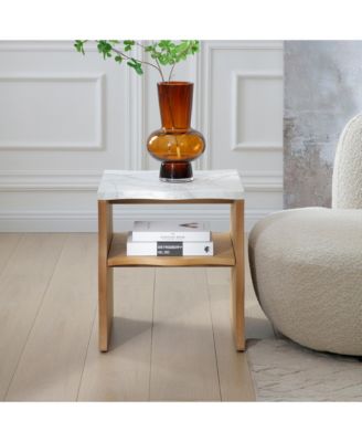 17.72 Inches Whisper of Waves Modern End Table with Storage Shelf and Faux Marble Top