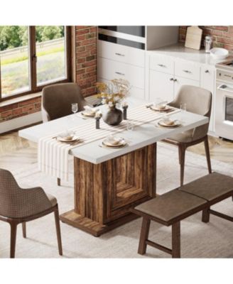 Dining Table for 4, 47-Inch Farmhouse Kitchen Dinner Table with Heavy Duty Pedestal, Rustic Wooden Eating Table