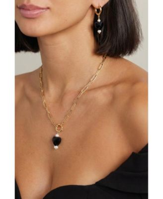 Stainless Steel Heart Drop Necklace and Earrings Set with Freshwater Pearl