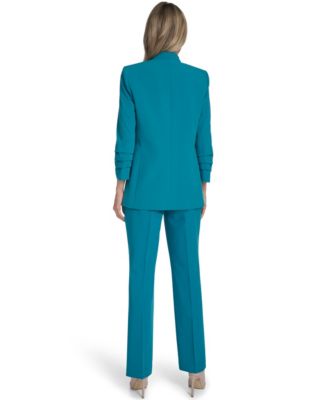 Women's Textured Ruffle Neckline Top, Open Front Ruched Sleeve Jacket, and Modern Fit Pant