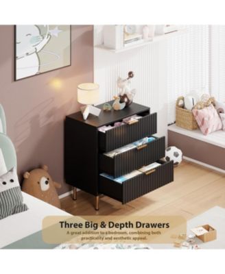Fluted 3 Drawer Bedroom Dresser, Modern Nightstand with Deep Drawers