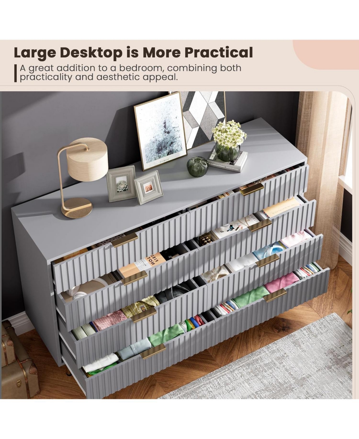 gaomon Drawer Dresser for Bedroom, Fluted Dresser with Large Drawers and Sturdy Gold Legs Support