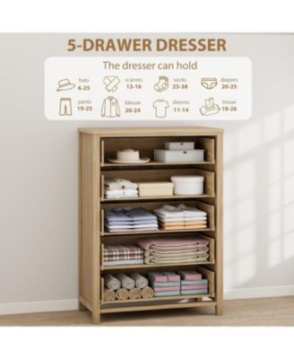 5 Drawer Tall Dresser for Bedroom, 45 in Rattan Dresser, Boho Chest of Drawers, Wooden Chest with Clothes Storage Cabinet