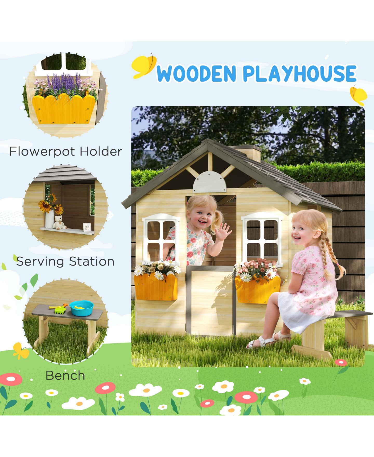 Детская игрушка HONGGE Outdoor Playhouse with Door, Windows & Bench, 44.5" W x 37" D x 53" H, Ages 3-7, цвет: Натуральный — фото 5