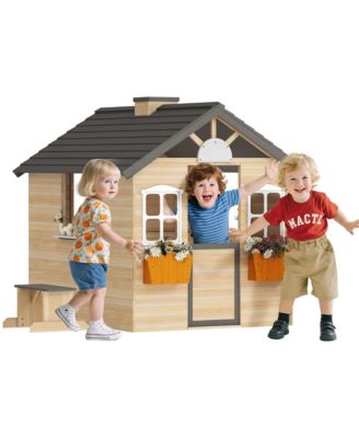 Wooden Outdoor Playhouse with Door Windows and Bench
