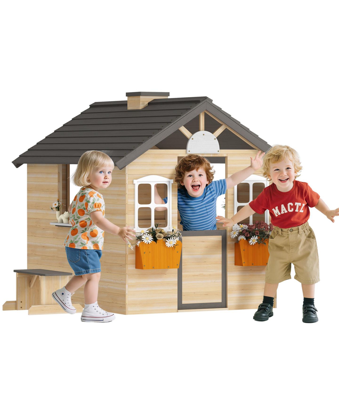 Детская игрушка HONGGE Outdoor Playhouse with Door, Windows & Bench, 44.5" W x 37" D x 53" H, Ages 3-7, цвет: Натуральный — фото 1