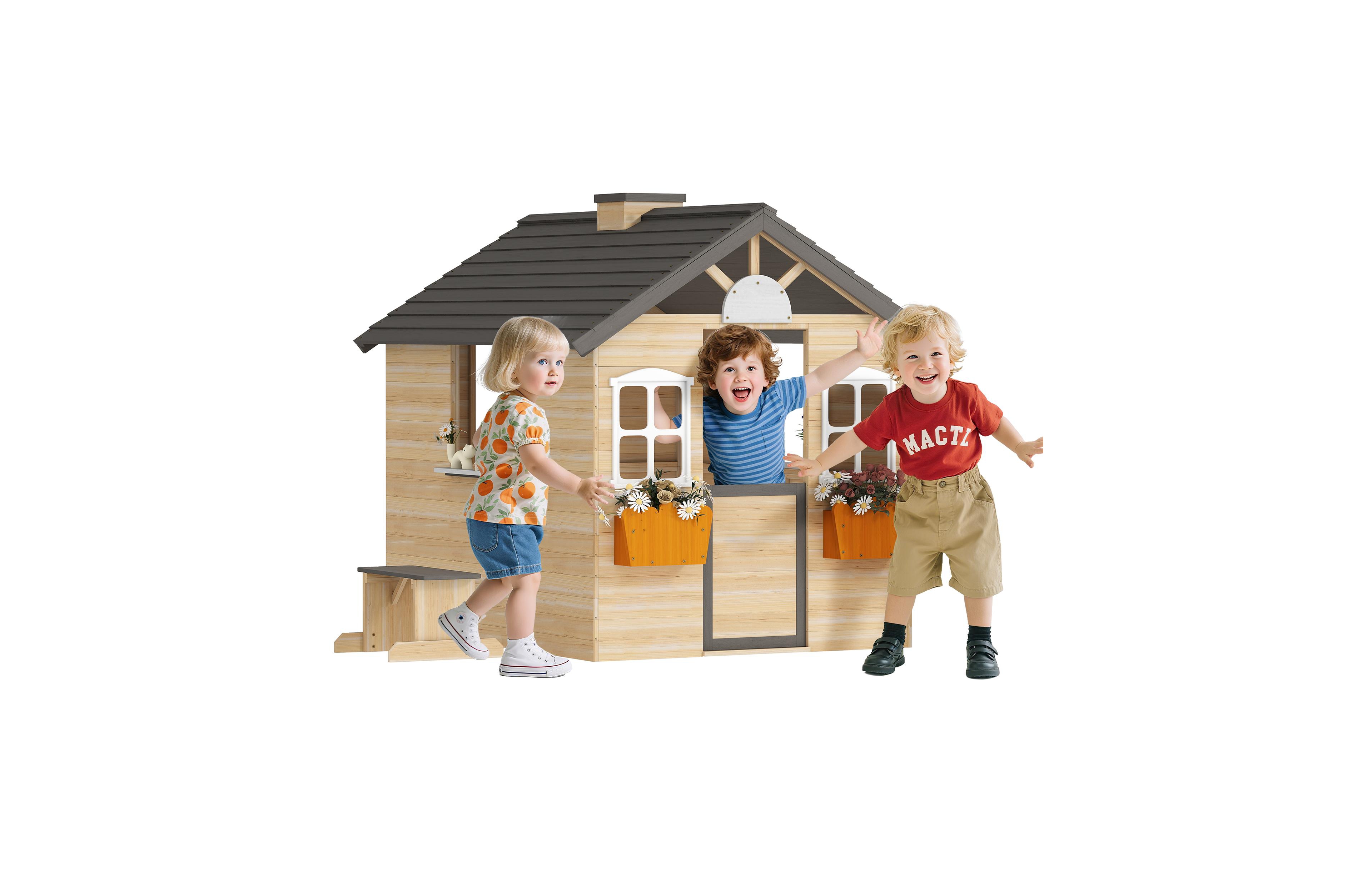 Hongge Outdoor Playhouse with Door, Windows & Bench, 44.5" W x 37" D x 53" H, Ages 3-7