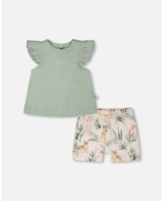 Baby Girls Pointelle Top and Cotton Jersey Short Set Green and Peach Deer Print