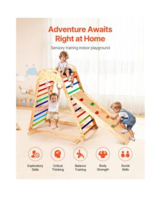 Indoor Playground Jungle Gym, 4-in-1 Wooden Indoor Playground Playset with Climbing Rock, Slide, Wooden Ladder & Gym Rings