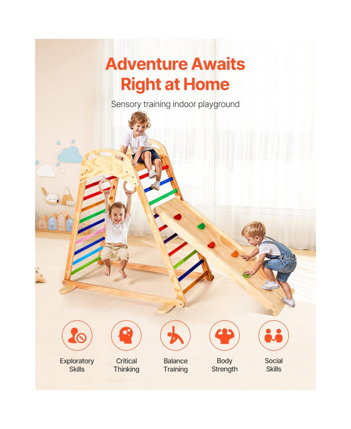 Slickblue Indoor Playground Jungle Gym, 4-in-1 Wooden Indoor Playground Playset with Climbing Rock, Slide, Wooden Ladder & Gym Rings