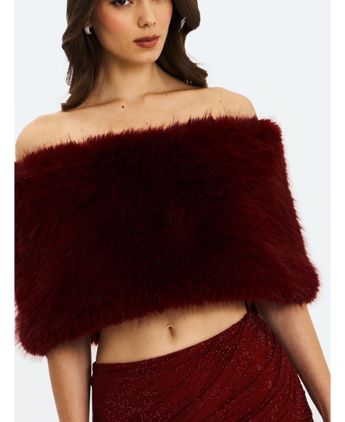 Miss Circle Women's Darla Burgundy Faux Fur Off-Shoulder Cropped Top