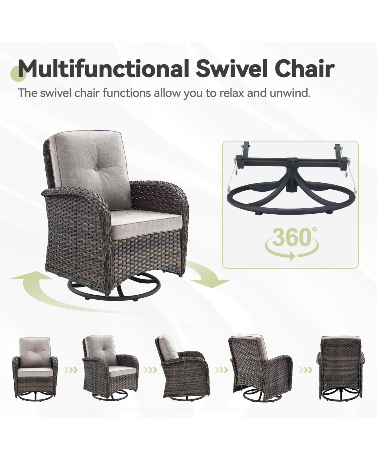 Gymojoy 5-Piece Brown Wicker Patio Conversation Set with Olefin Cushions Swivel Chairs and Ottomans