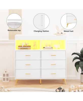 Dresser for Bedroom with 6 Drawers, Multi-Functional Nursery Dresser with LED Lights & Charging Station