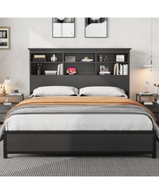 Queen Size Bed Frame with Bookcase Headboard, 2-Tier Storage Platform, USB Charging Station, No Box Spring, Easy Assembly