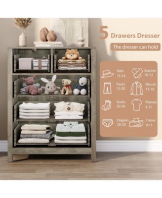 Grey 5-Drawer Modern Tall Wooden Dresser, Large Storage Chest for Bedroom