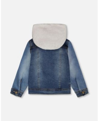 Boys Navy Blue Denim Jacket with Removable French Terry Hood