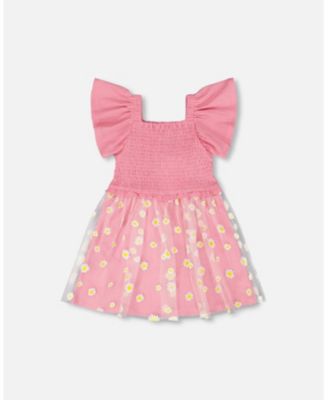 Big Girls Mesh and Crinkle Jersey Dress with Smocking Pink