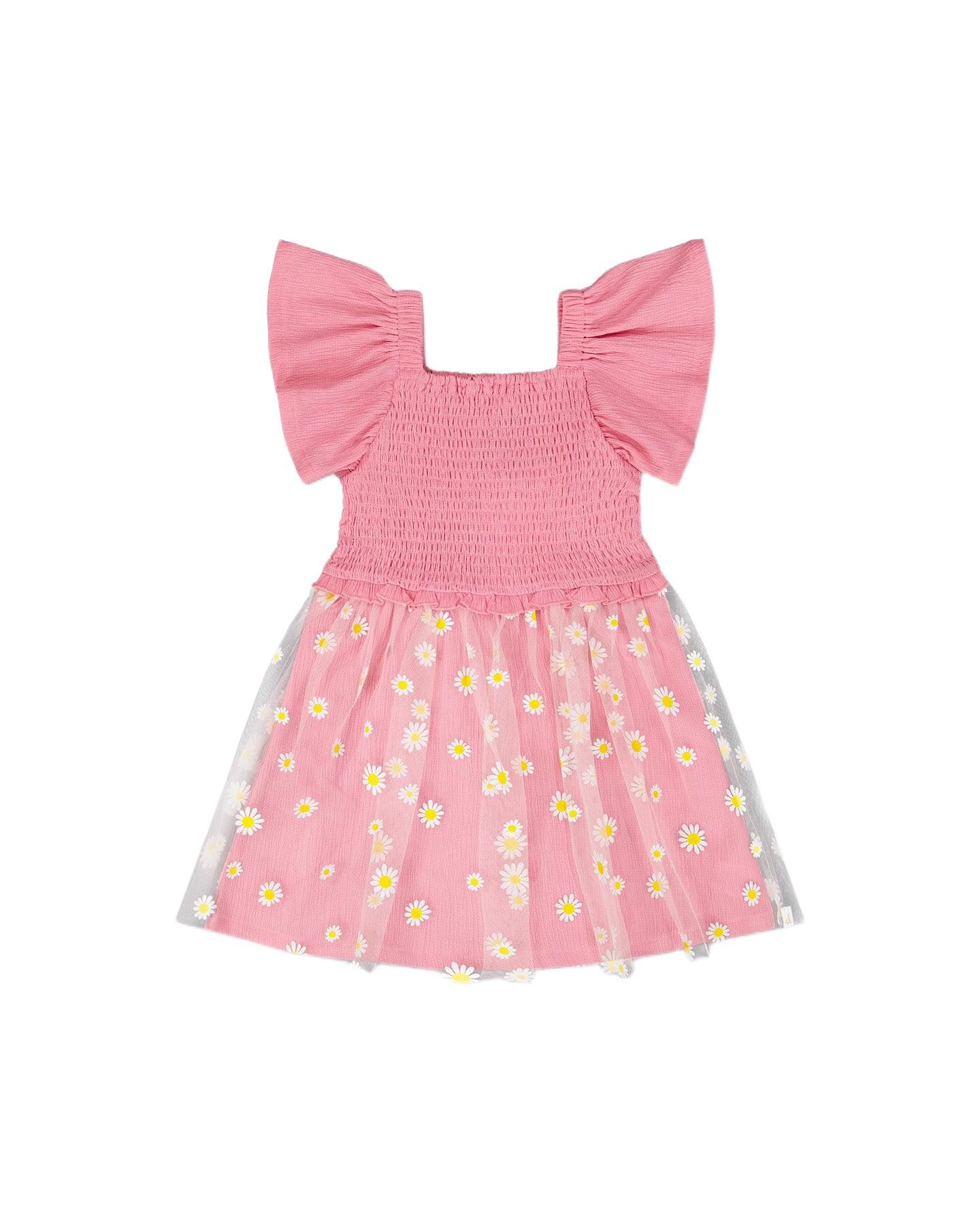 Платье Deux par Deux Mesh and Crinkle Jersey Dress with Smocking Pink - Child для девочек, цвет: Розовый — фото 1