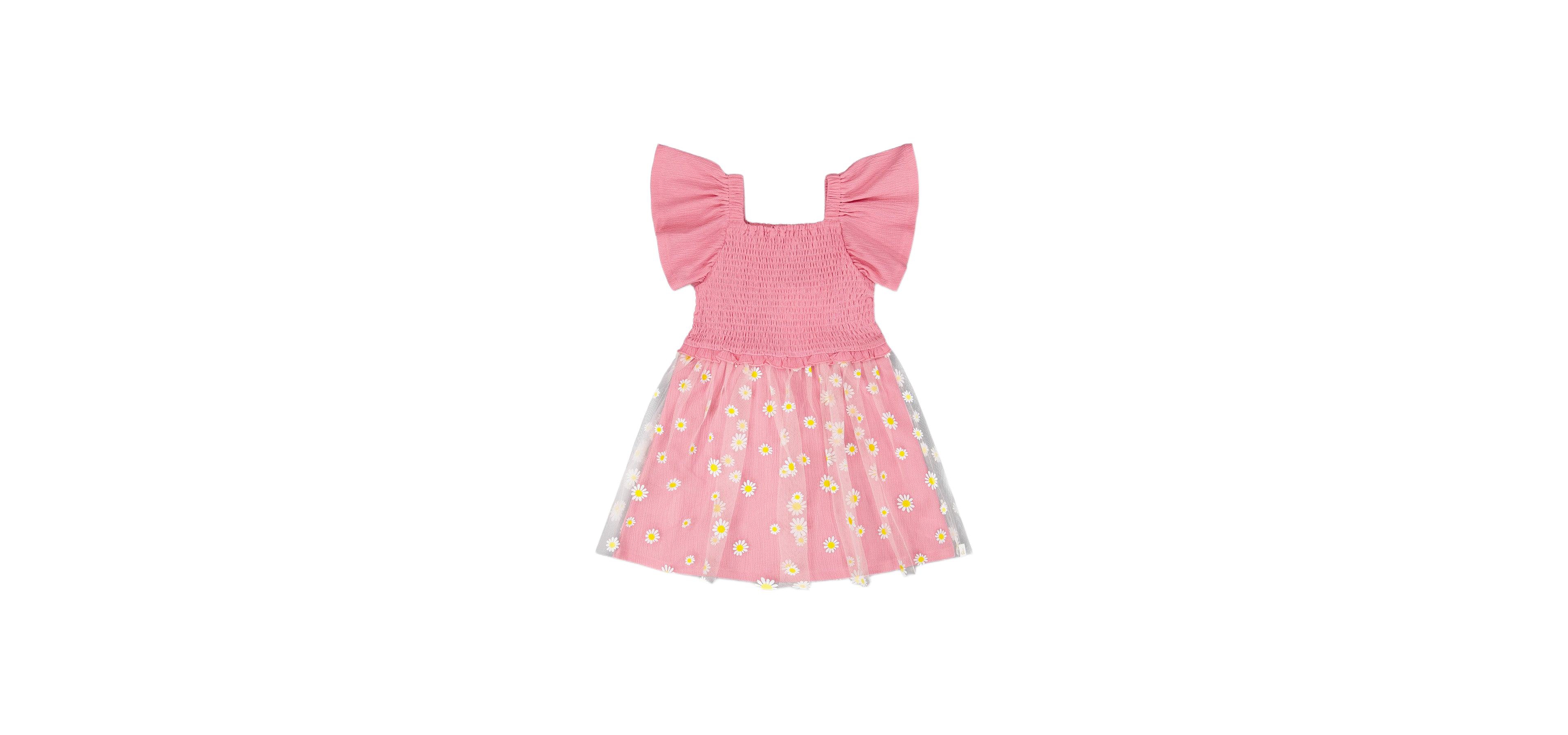 Deux par Girl Mesh and Crinkle Jersey Dress with Smocking Pink - Child