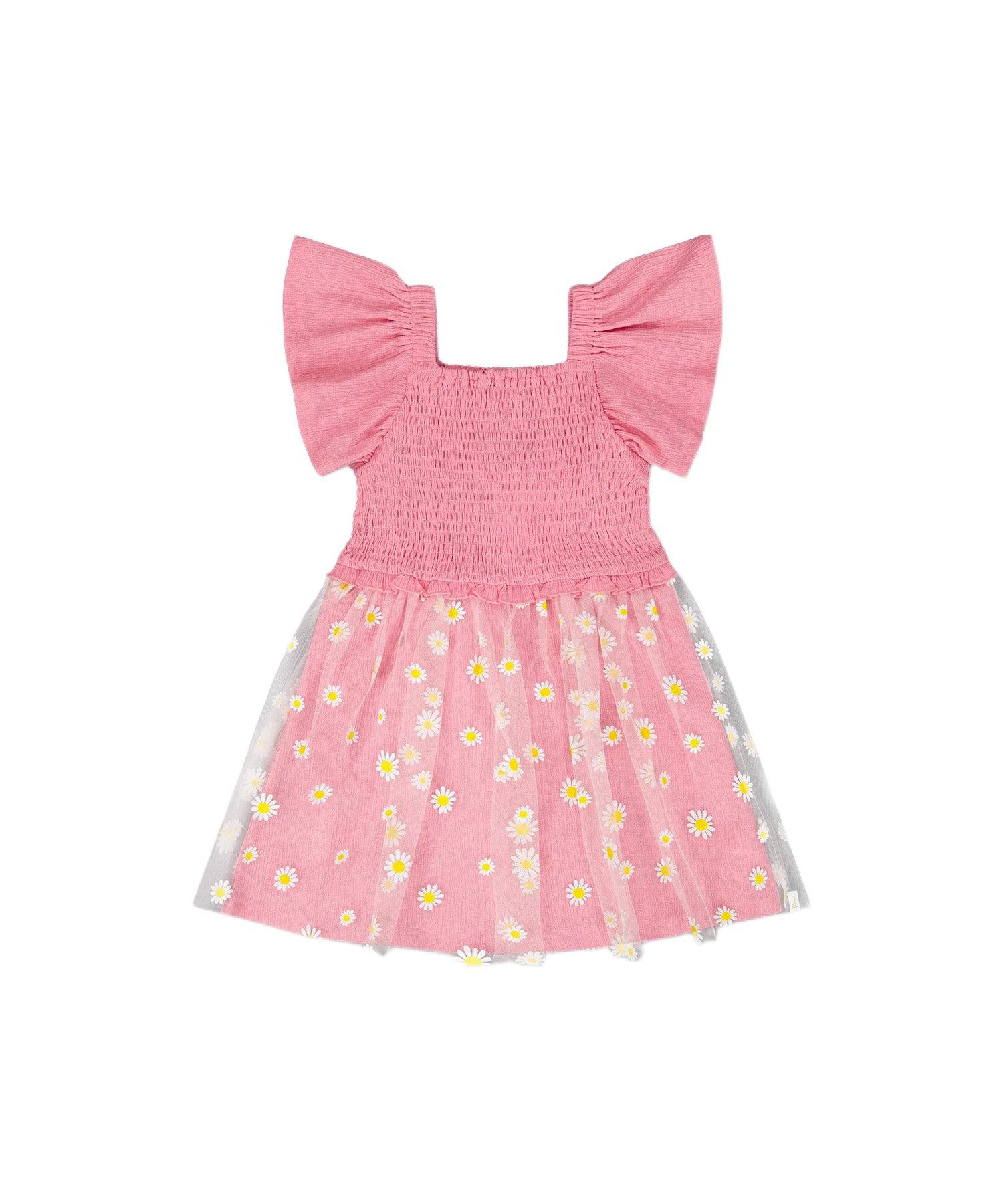 Girl Mesh and Crinkle Jersey Dress with Smocking Pink - Child
