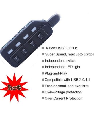 4-Port USB 3.0 Hub - with Independent Switches & LED Indicators, Plug & Play,for Laptop/Desktop,Ideal for Office