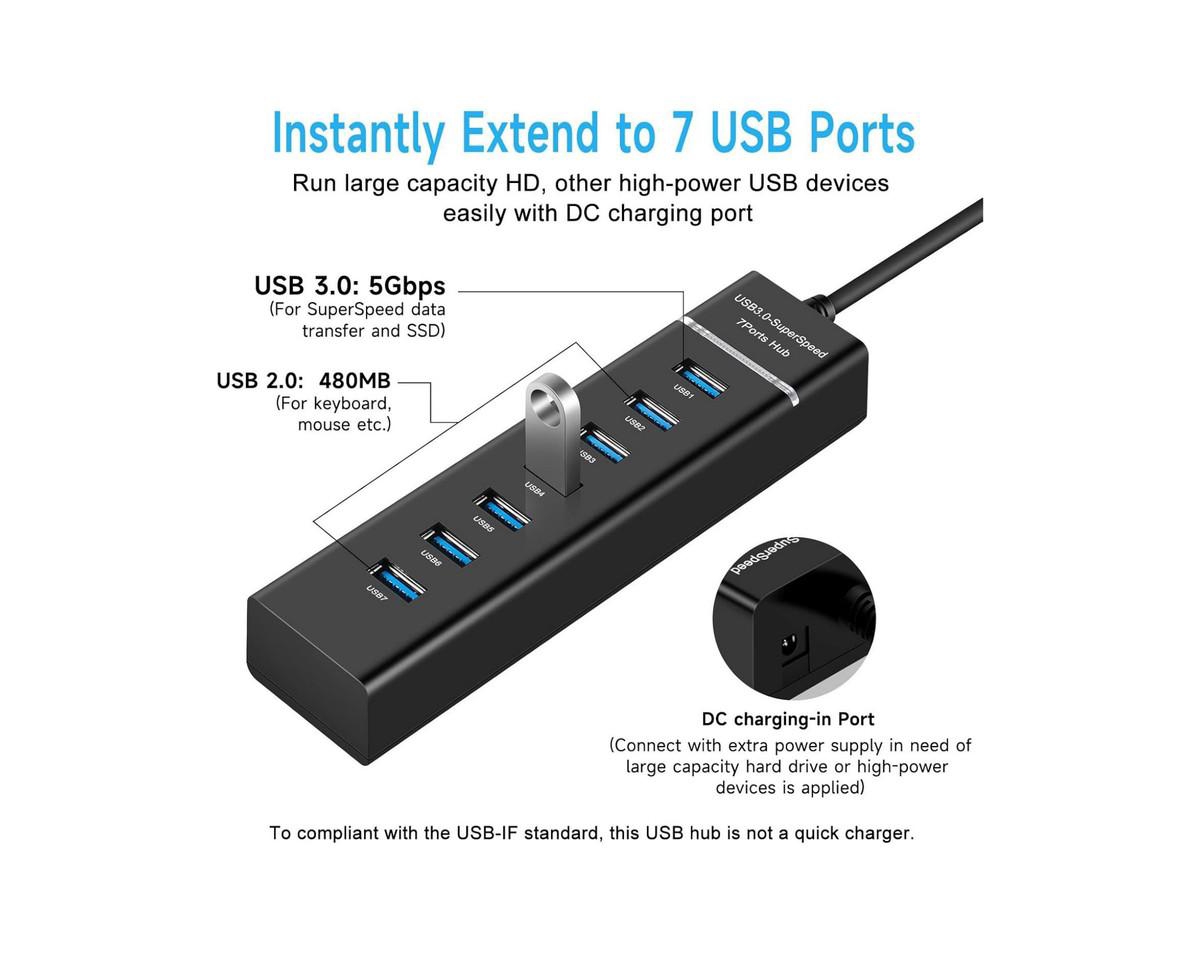 Risokeys 7-Port Usb Hub with Usb 3.0, Multiple Usb,Compatible with Laptop, Pc, MacBook,Usb Peripherals,for Home Office,Travel