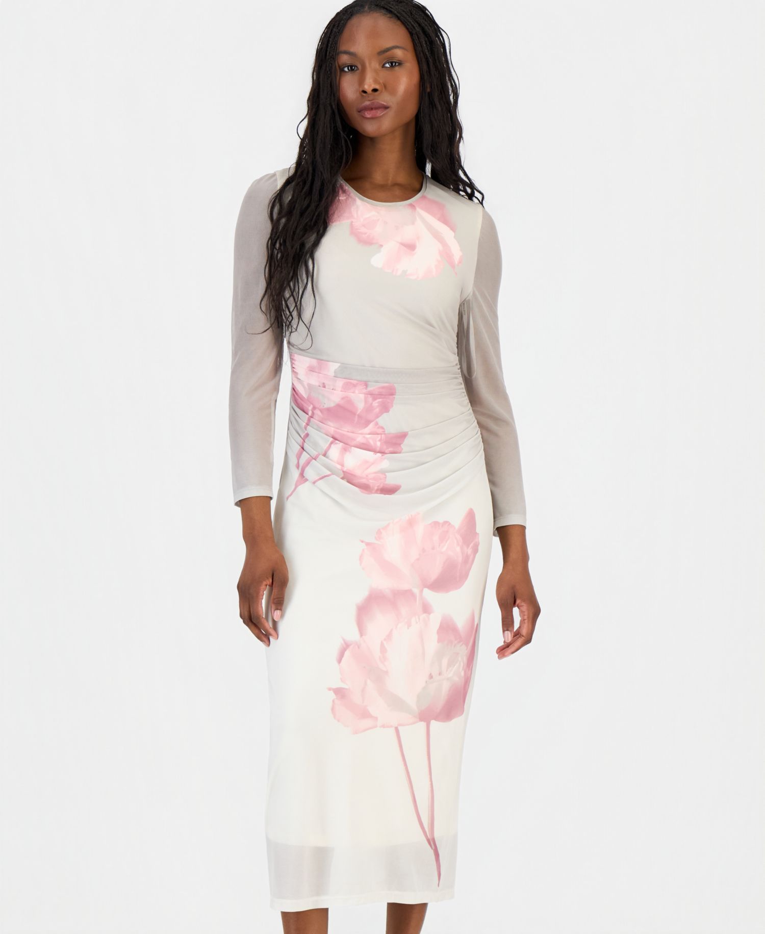 Petite Ruched Printed Mesh Midi Dress