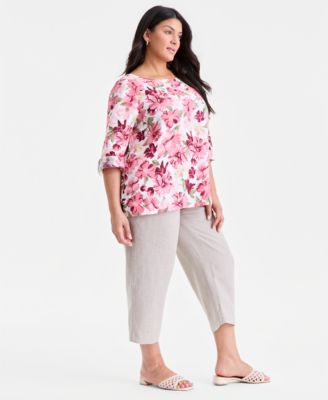 Plus Size 100% Linen Cropped Pants