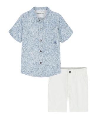 Boys' 2T-7 Printed Poplin Button-Front Shirt and Twill Shorts, 2-Piece Set