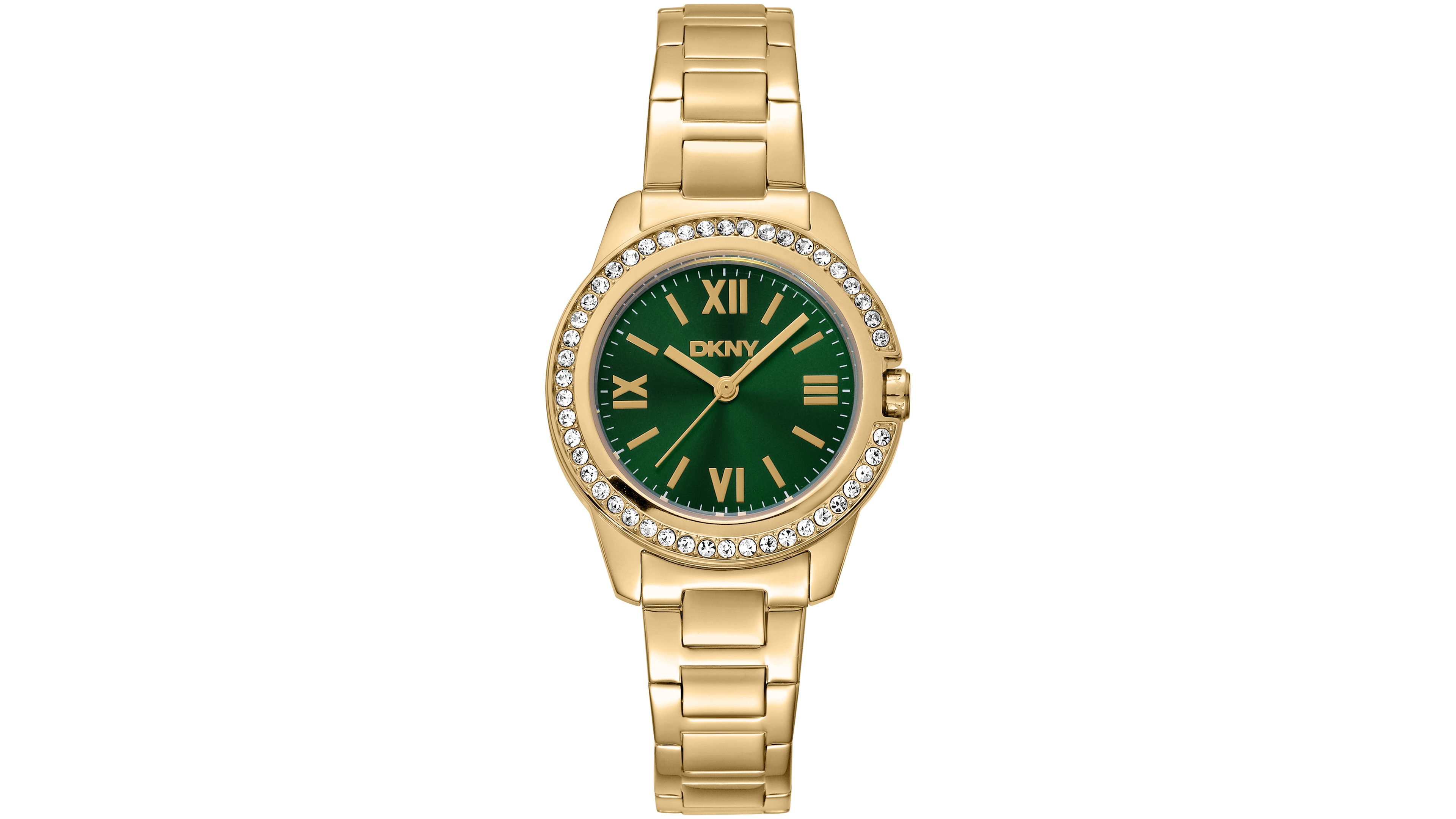 Dkny Women's Green Dial Crystal Bezel Gold-Tone Stainless Steel Bracelet Watch, 30mm