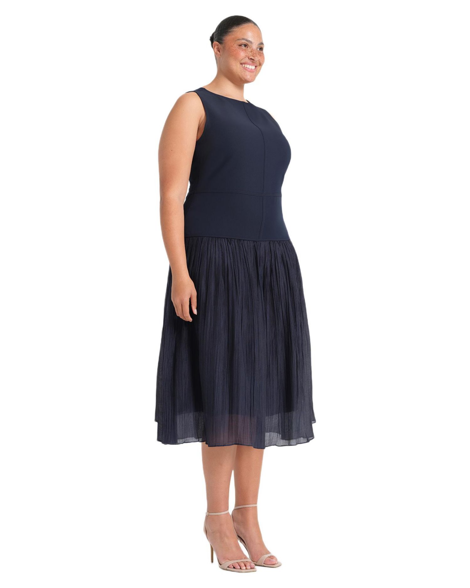 Plus Size Jaylee Pleated Drop Waist Sleeveless Midi Dress