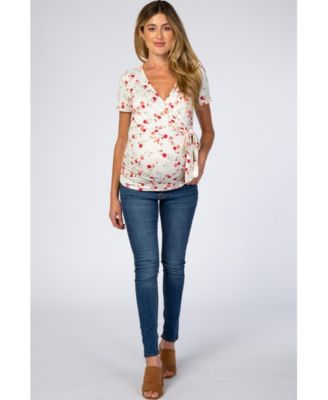 Maternity Ivory Floral Wrap Fitted Maternity/Nursing Top