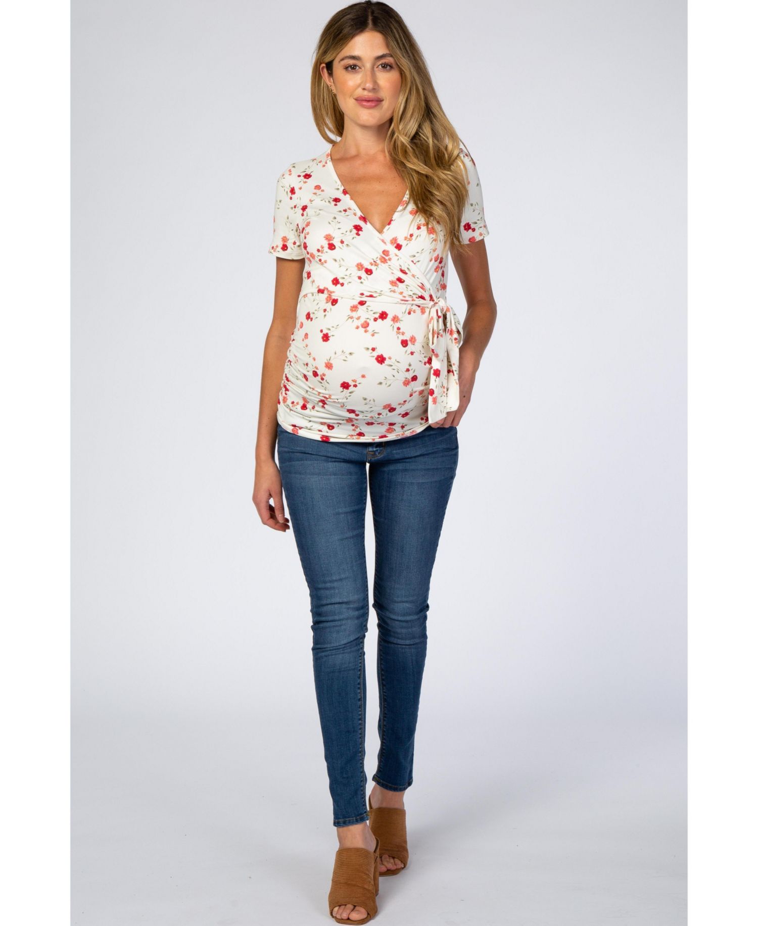 Women's Ivory Floral Wrap Fitted Maternity/Nursing Top