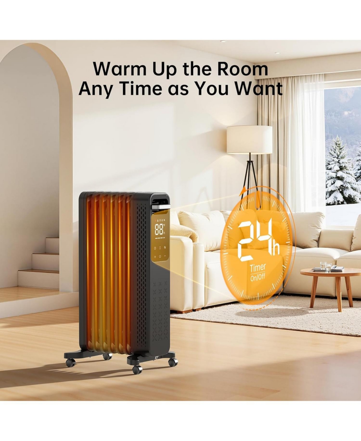 Cowsar 1500W Oil Filled Radiator Heater with Digital Thermostat & Timer